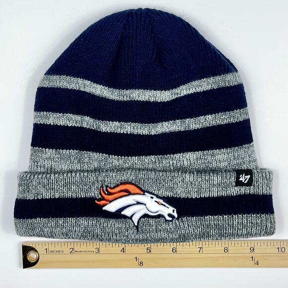 Denver Broncos 47’ Beanie Hat Cap Knit Cuffed Gray Navy Blue Stripped Mens Thick - Picture 5 of 8